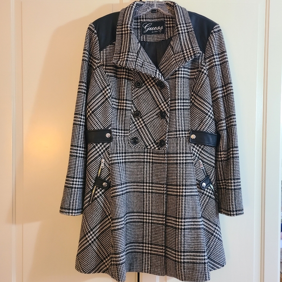 Guess houndstooth wool blend peacoat with pleather accents - Picture 1 of 14